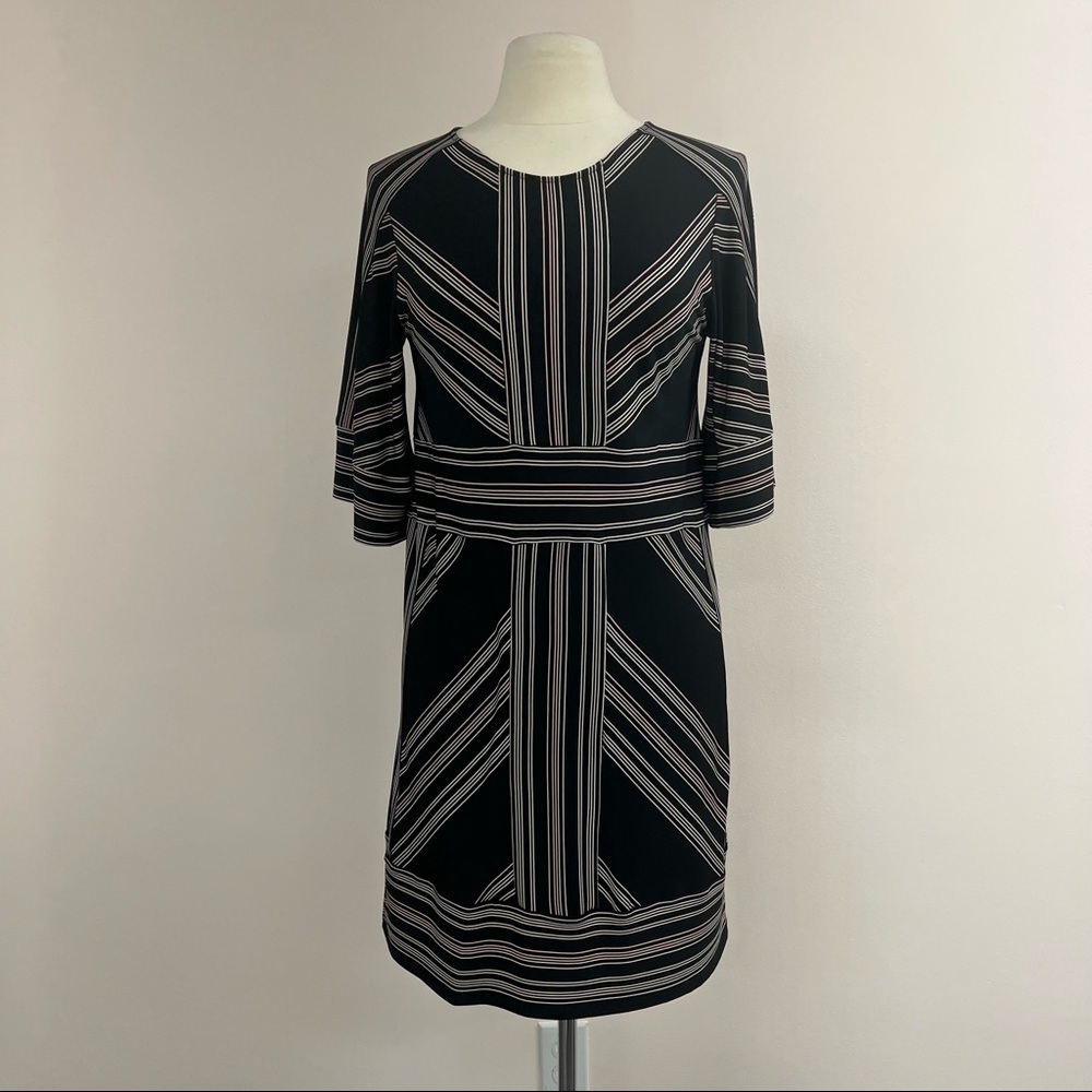 BCBGMAXAZRIA Striped Three Quarter Sleeve Shift Dress in Bare Pink/Black